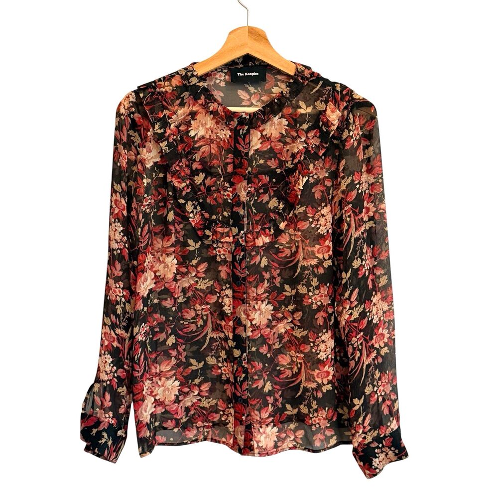 The Kooples Sheer Floral Silk Top Size XS Ruffle Dark Romantic Whimsigoth Fall
